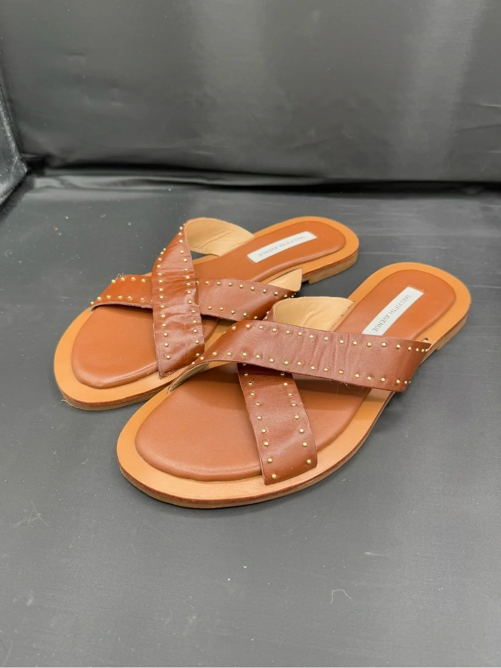 Saks Fifth Avenue Studded Leather Slide Sandals Cognac Boho Luxe 8.5